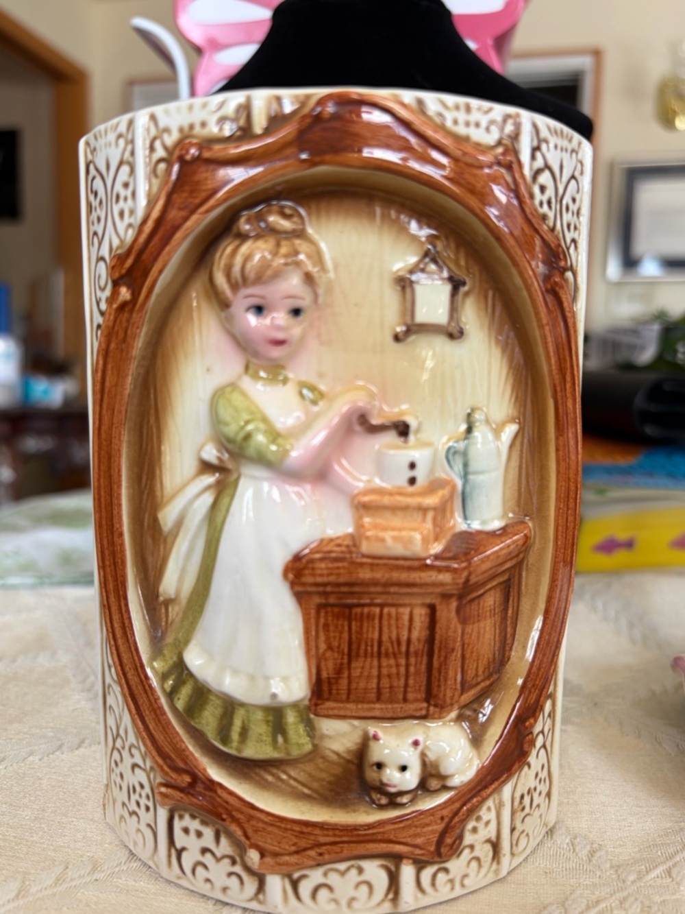 Vintage Decorative Ceramic Canister / Lady in Kitchen Scene 1978